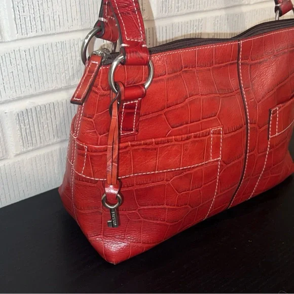 🆕FOSSIL Red Crocodile-Embossed Leather Handbag